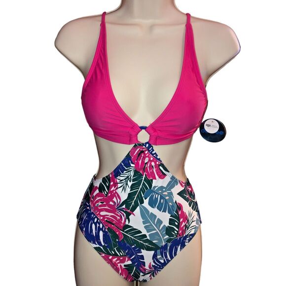 Decree Women's Swimsuit Monokini Tropical Hot Pink Vacation Beach XS NWT - Picture 1 of 7